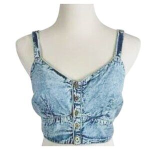 Live 4 Truth Stone Wash Shirred Back Button Front Denim Bralette Cropped Top L